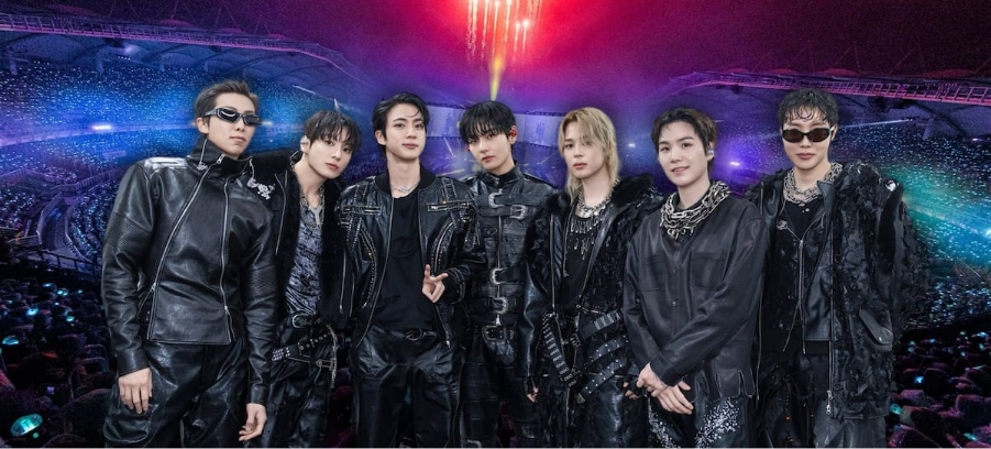 Los siete integrantes de BTS en el escenario durante el inicio de su gira mundial